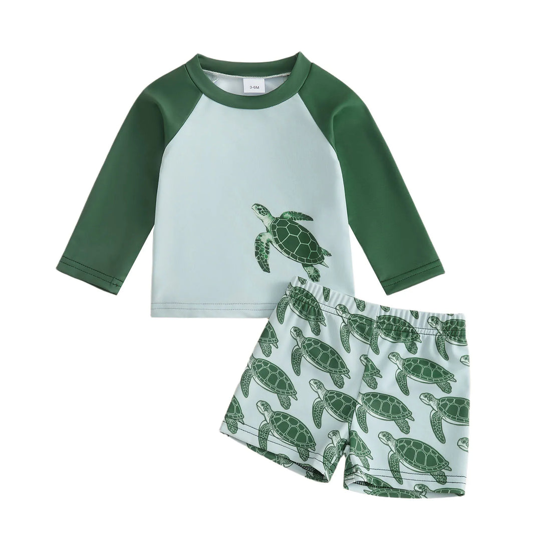Toddler unisex long-sleeve rash guard swimsuit set, tortoise print. Kids' sun protection beachwear.