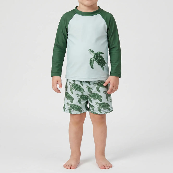 Stylish tortoise print toddler long-sleeve rash guard swimsuit set. Unisex kids' swimwear for sun protection.