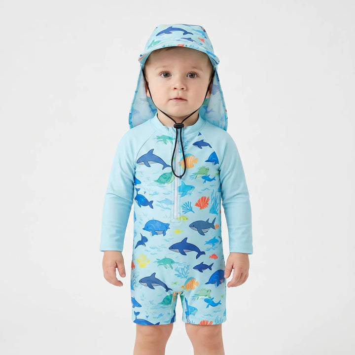 Infant long-sleeve swim romper & beach hat offers UPF 50+ sun protection. Perfect for toddler pool and water play.