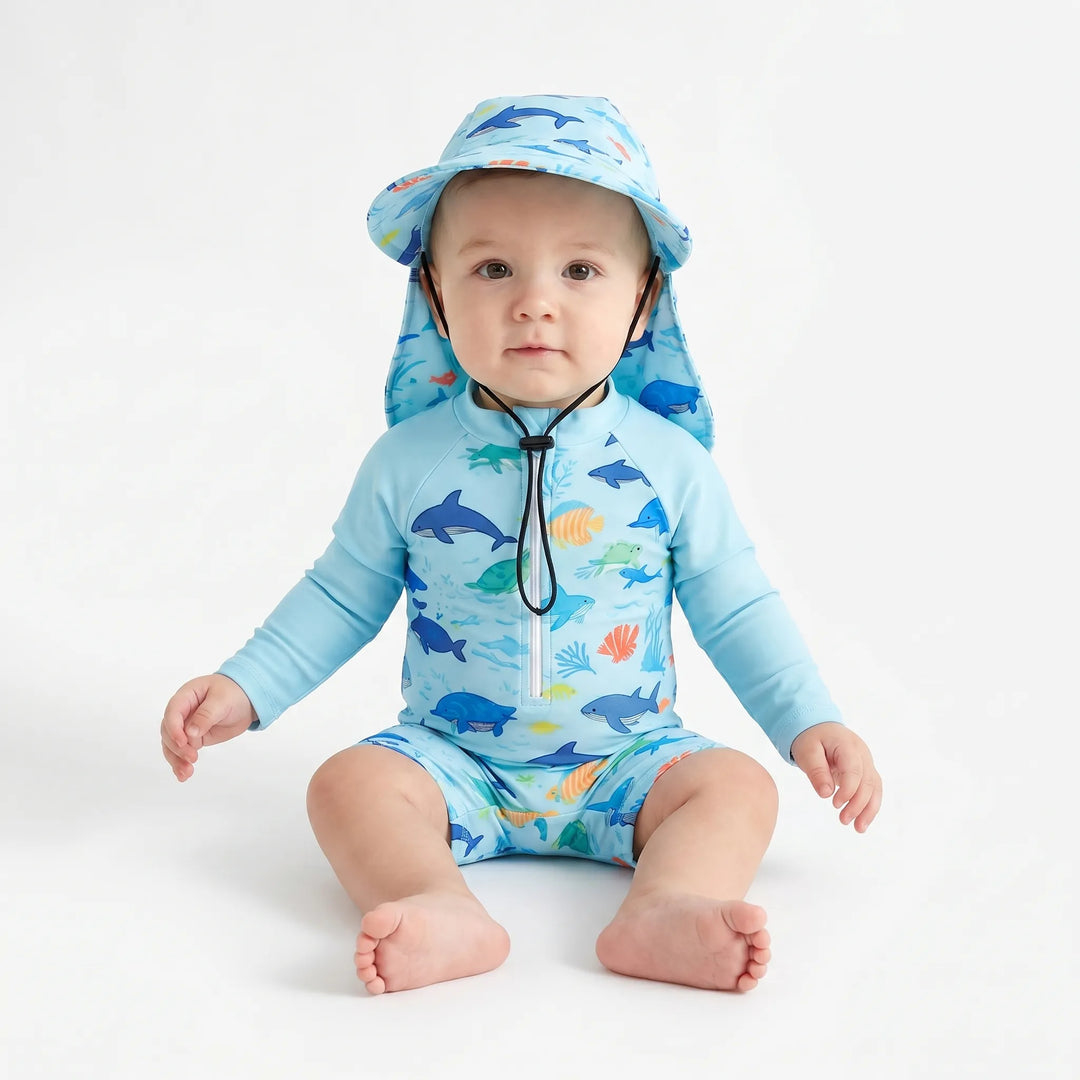 Complete set: toddler long-sleeve swim romper & wide-brim hat. Excellent UPF 50+ sun protection for infants.