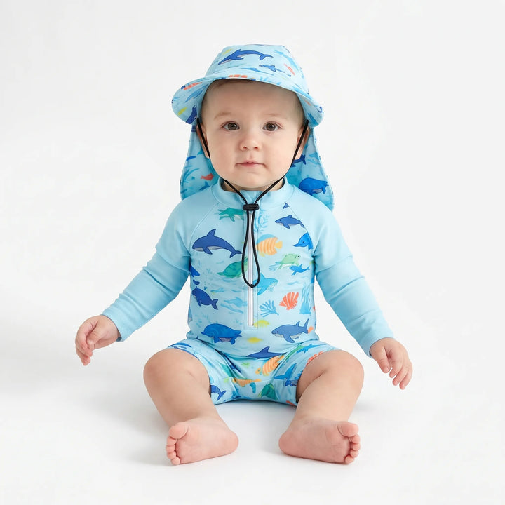 Complete set: toddler long-sleeve swim romper & wide-brim hat. Excellent UPF 50+ sun protection for infants.