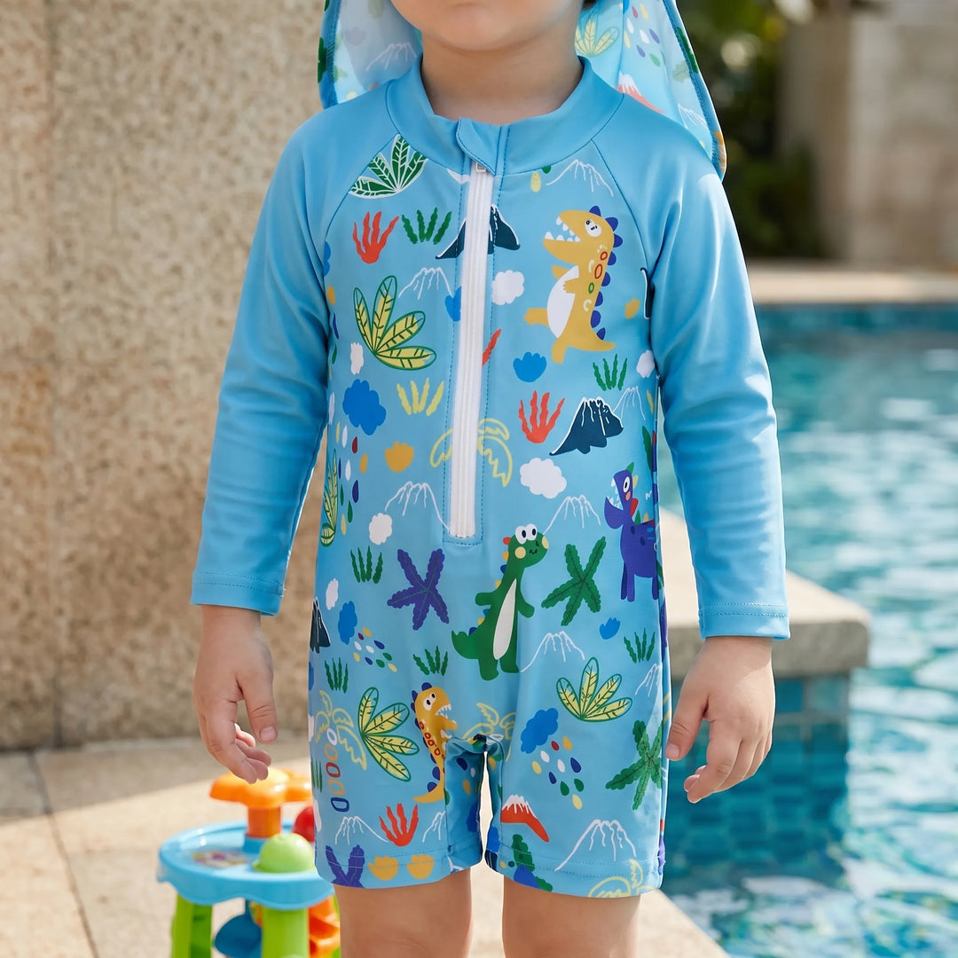 Toddler long-sleeve swim set with matching sun hat for sun protection. Perfect for beach & pool fun.