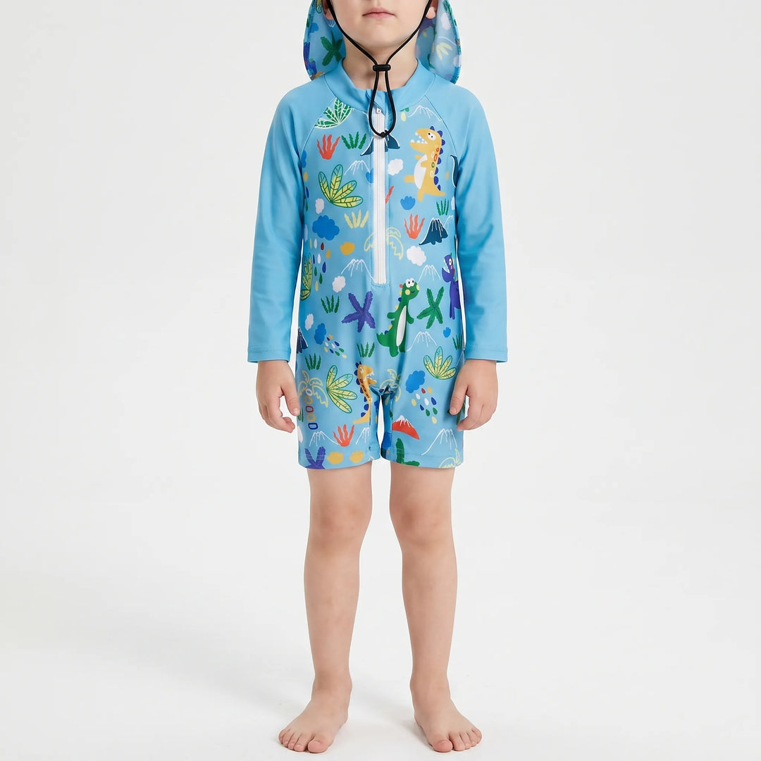 Kids' UV protection long-sleeve swim set & sun hat. Ideal for baby and toddler outdoor play.