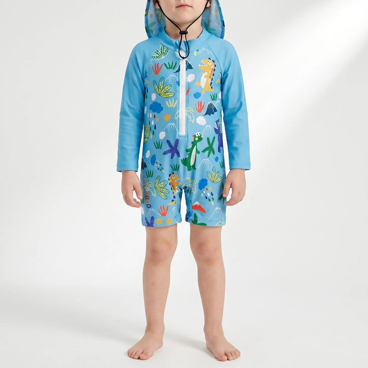 Toddler long-sleeve swim set with sun hat, ideal for active kids' beach days & outdoor play.