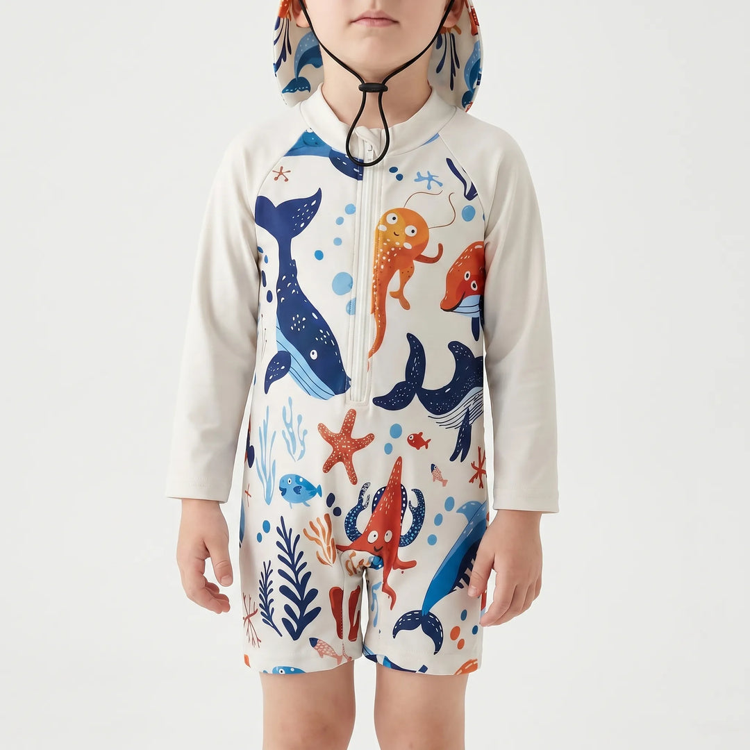 Comfortable long-sleeve toddler swim set and sun hat, offering stylish sun protection for kids.