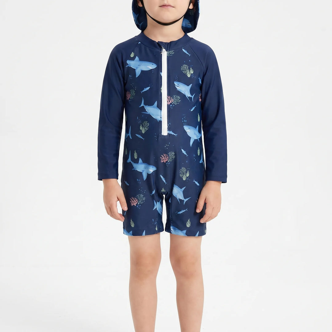Complete toddler long-sleeve swim set with rash guard top, swim shorts, and sun protection hat.