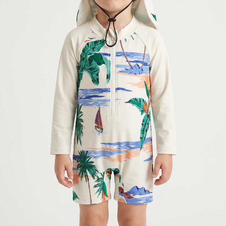 Sun-safe long-sleeve swim set & beach hat for toddlers. Essential baby swimwear for UV protection.