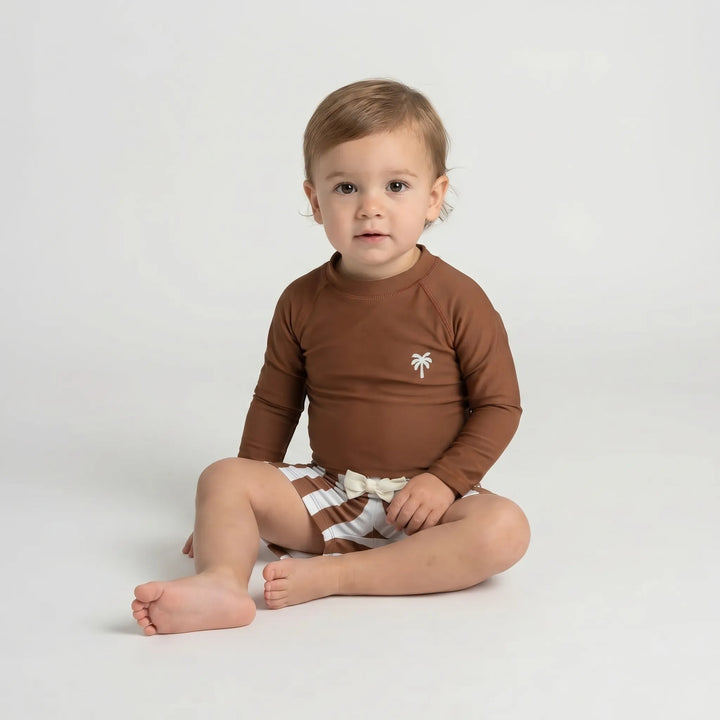 Toddler's sun protection swimwear set, long-sleeve rash guard & shorts for comfy beach & pool fun.