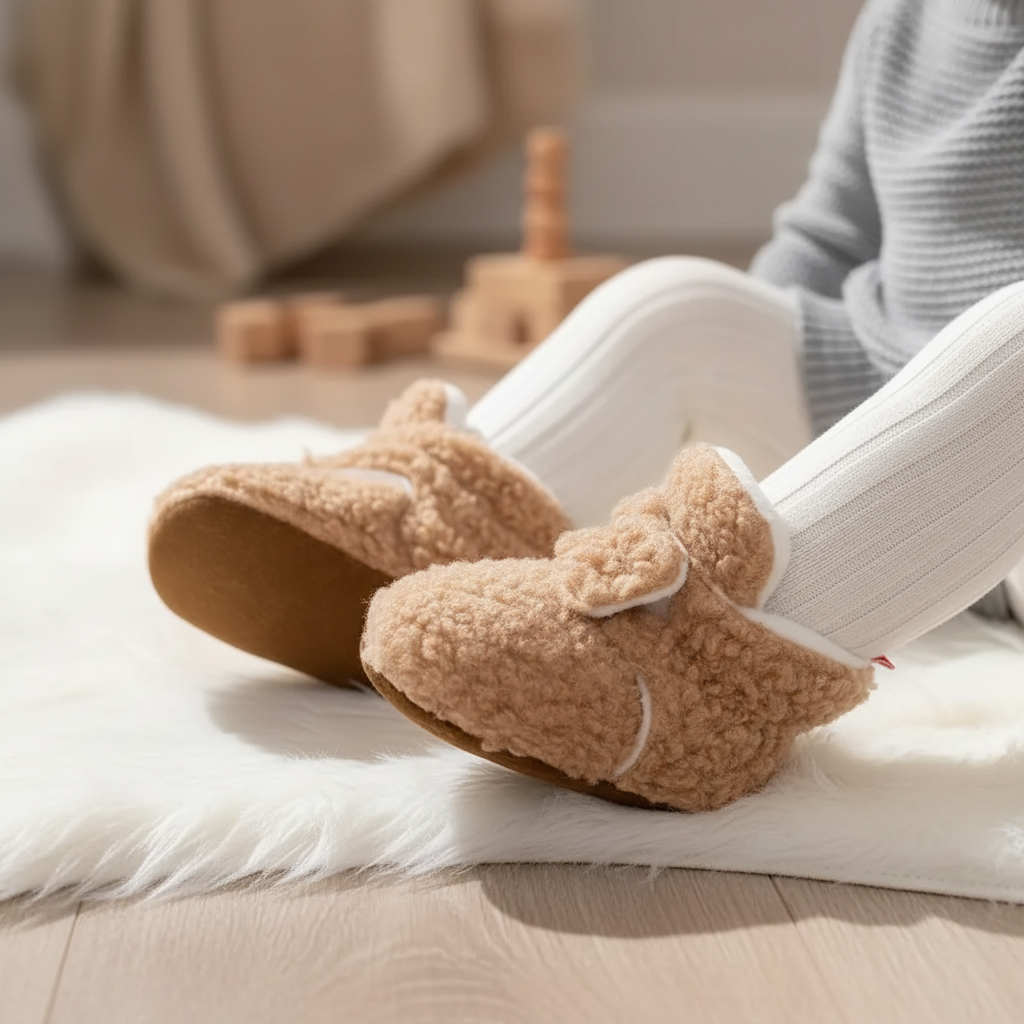 Toddler's pink ultra-soft teddy fabric slipper socks with non-slip soles, perfect for cozy winter wear.