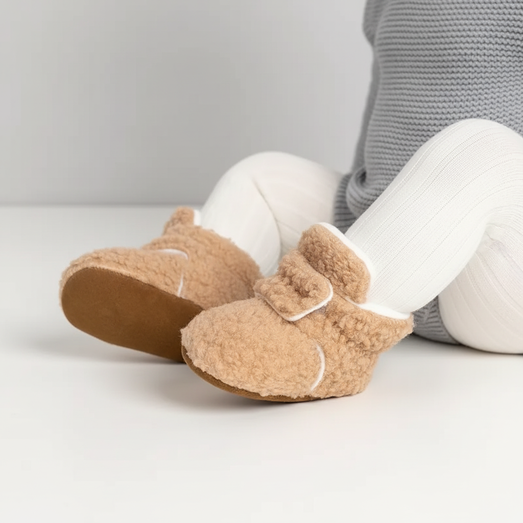 Close-up of a toddler's beige teddy fabric slipper sock, highlighting the plush texture and warmth.