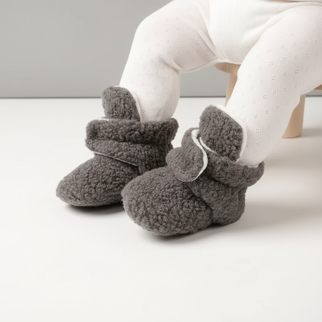 Warm and fuzzy toddler's red teddy fabric slipper socks, essential non-slip footwear for cold floors.