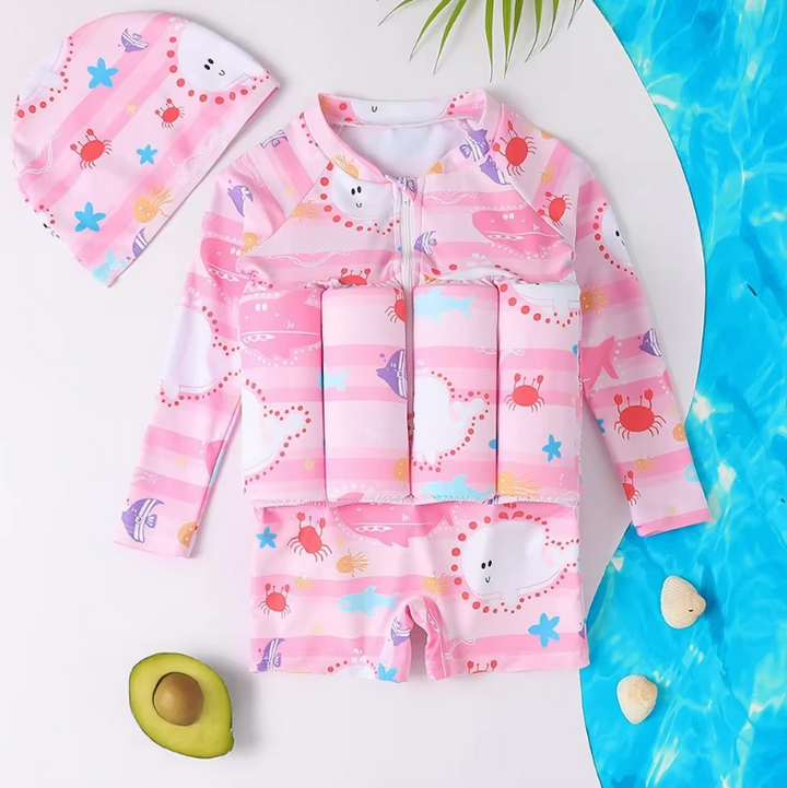 Toddler swim safety gear: blue float vest with UPF 50 & built-in shorts for comprehensive protection.