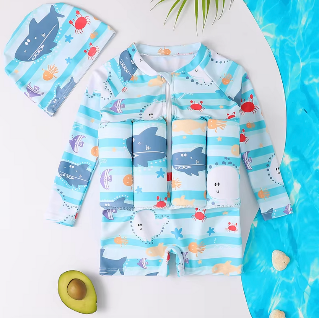 Pink toddler beachwear float vest with built-in shorts, offering UPF 50+ UV sun protection.