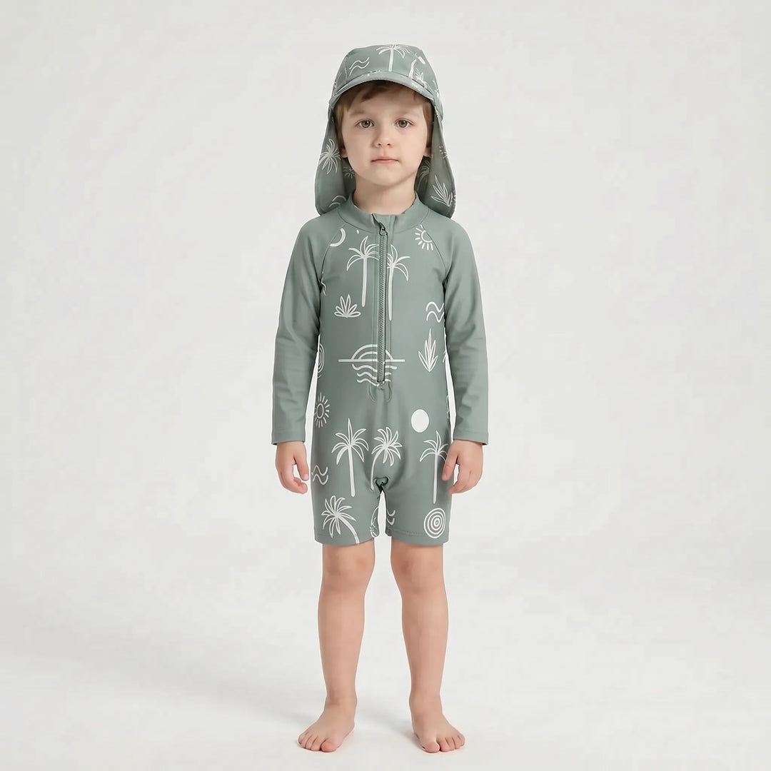 Adorable toddler long-sleeve swimwear set & hat, offering sun protection for babies at the beach or pool.