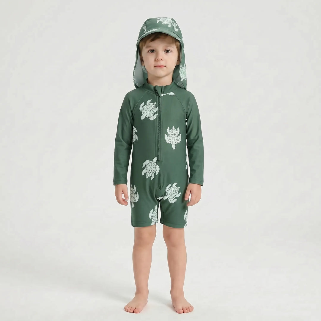 Toddler long-sleeve rash guard swimsuit & sun protection hat set for pool, beach, and summer water fun.