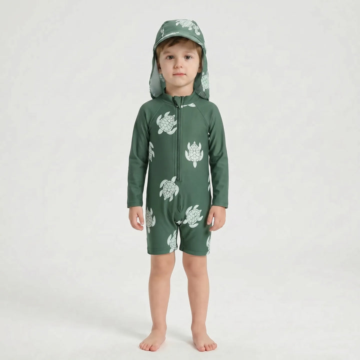 Toddler long-sleeve rash guard swimsuit & sun protection hat set for pool, beach, and summer water fun.