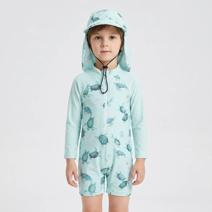 Sun protection long-sleeve rash guard swimsuit set for toddlers, includes matching swim hat for full coverage.