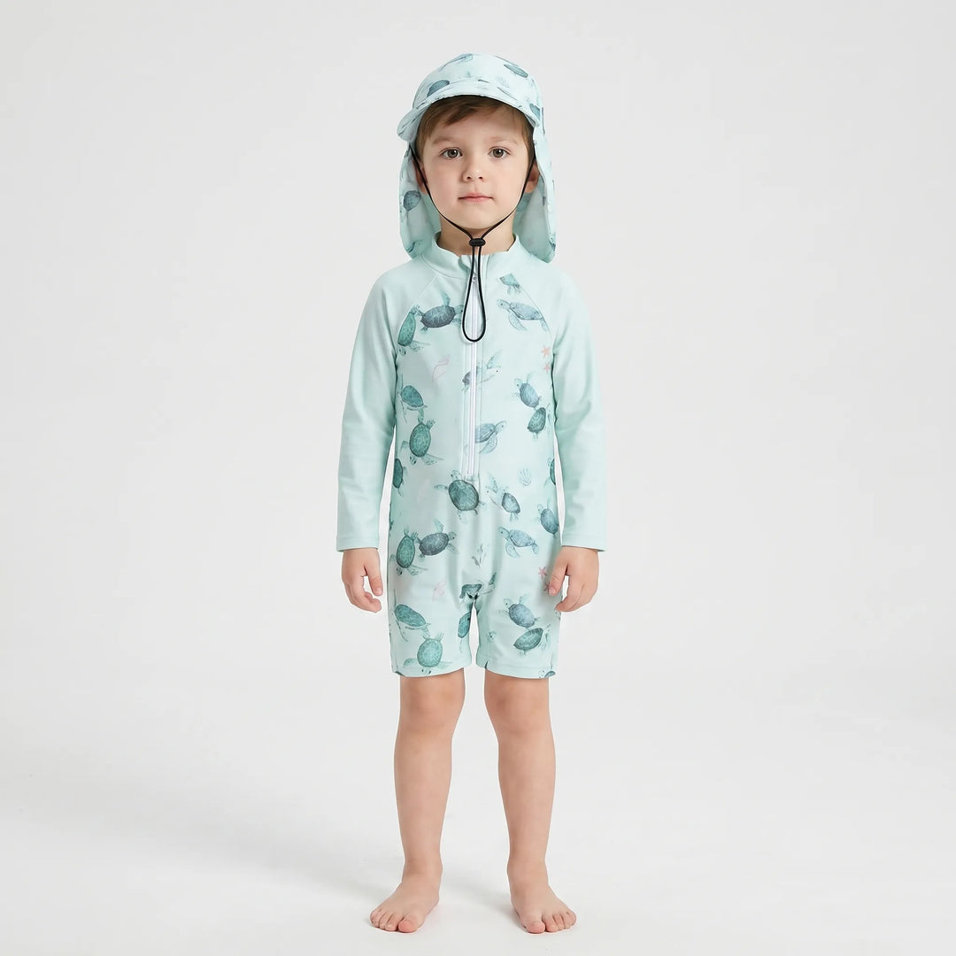 Kids long-sleeve swimsuit & hat set for beach, pool, and water play. Offers excellent sun protection.