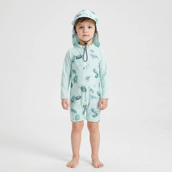 Kids long-sleeve swimsuit & hat set for beach, pool, and water play. Offers excellent sun protection.