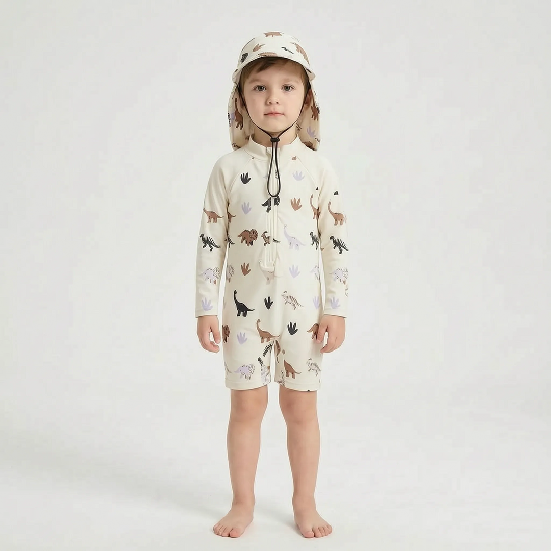 Two-piece toddler long-sleeve rash guard swimsuit with a matching sun protection swim hat.