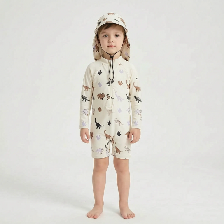 Two-piece toddler long-sleeve rash guard swimsuit with a matching sun protection swim hat.