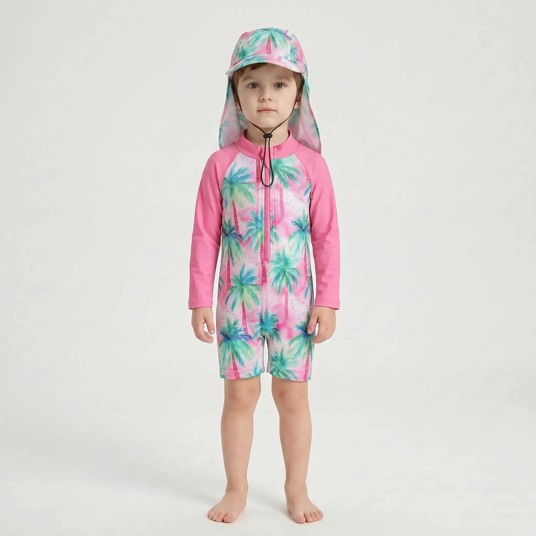 Summer baby beachwear: long-sleeve swimsuit set & hat for toddlers, providing ultimate sun protection.