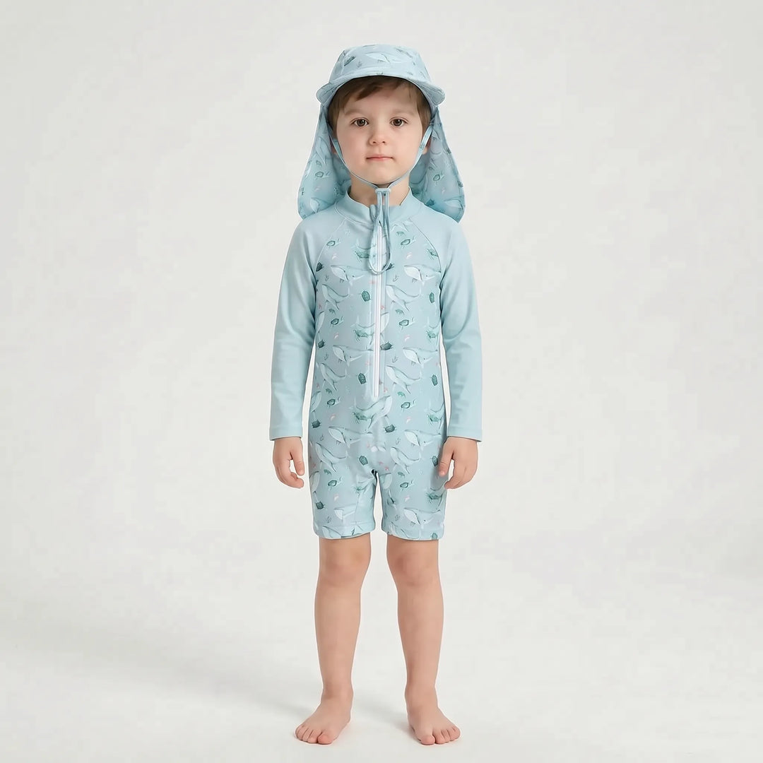 UPF 50+ sun protection toddler long-sleeve swimsuit set with a matching hat for safe water play.