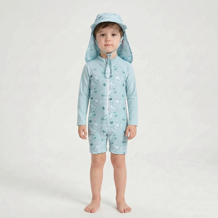 UPF 50+ sun protection toddler long-sleeve swimsuit set with a matching hat for safe water play.