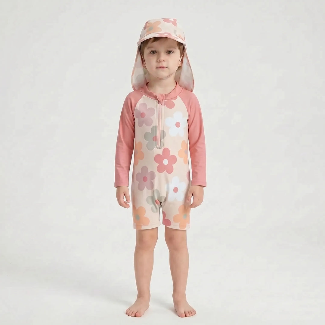 Rash guard swimsuit set for toddlers, long-sleeve with sun hat, ideal for active water play and beach days.
