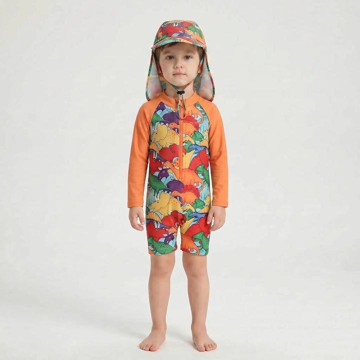 Comfortable unisex long-sleeve toddler swimsuit set with sun hat for ultimate sun protection at the pool.