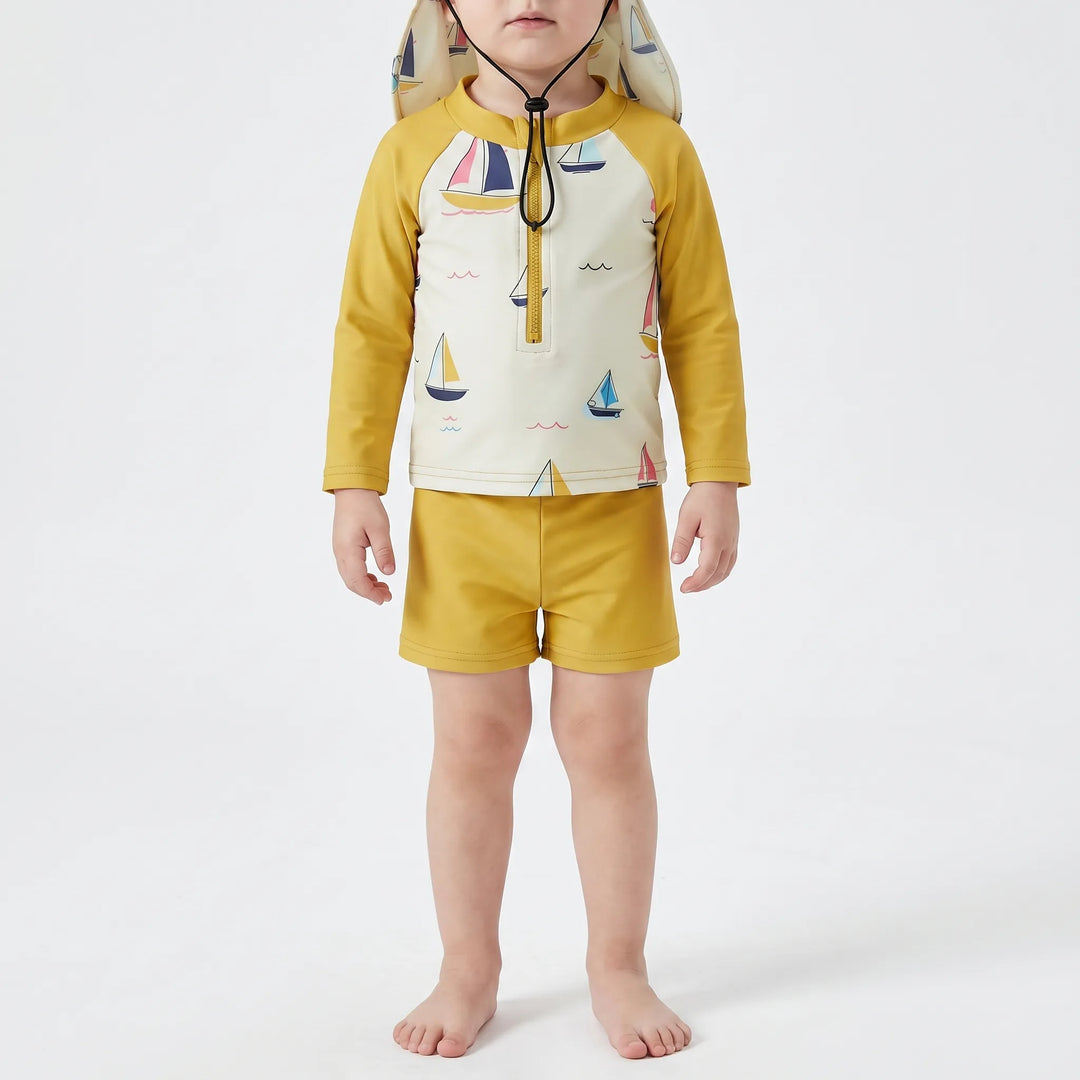 Baby & toddler unisex long-sleeve swimwear set with UV-protective rash guard, swim shorts, and sun hat.