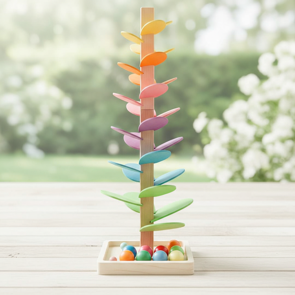 Toddler Wooden Sound Tree Marble Run Toy with colorful leaves & falling marbles, early development.