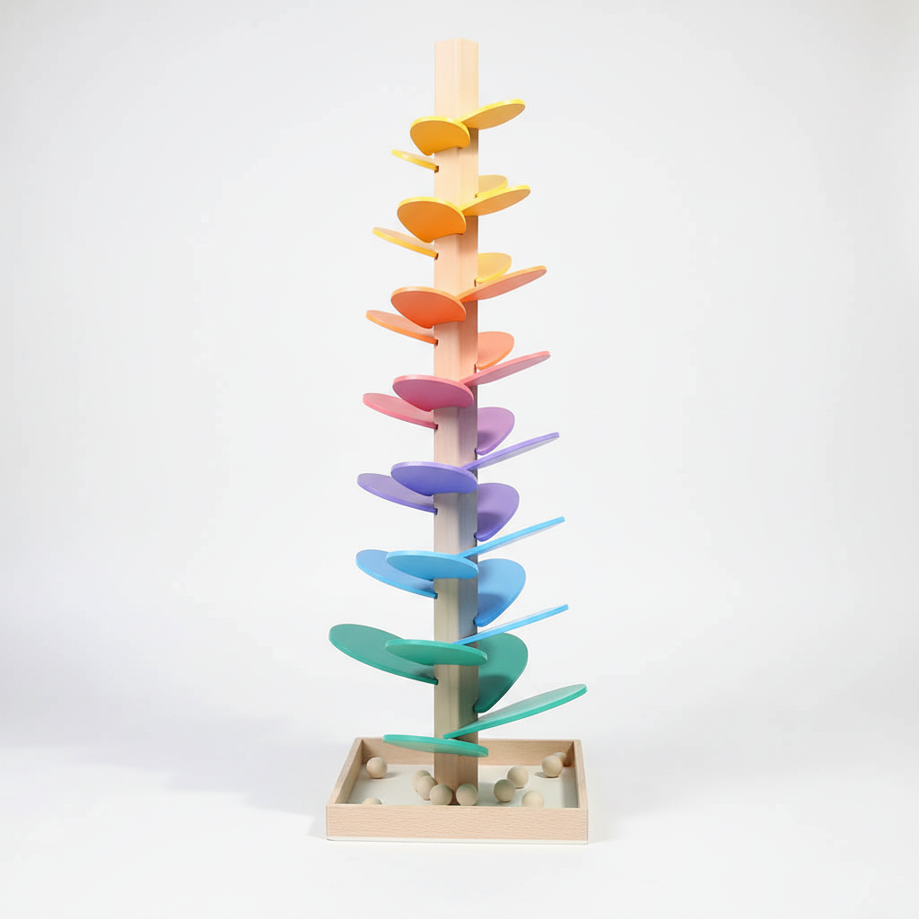 Kids' educational sound tree marble run, natural wooden toy encouraging early motor skill development.