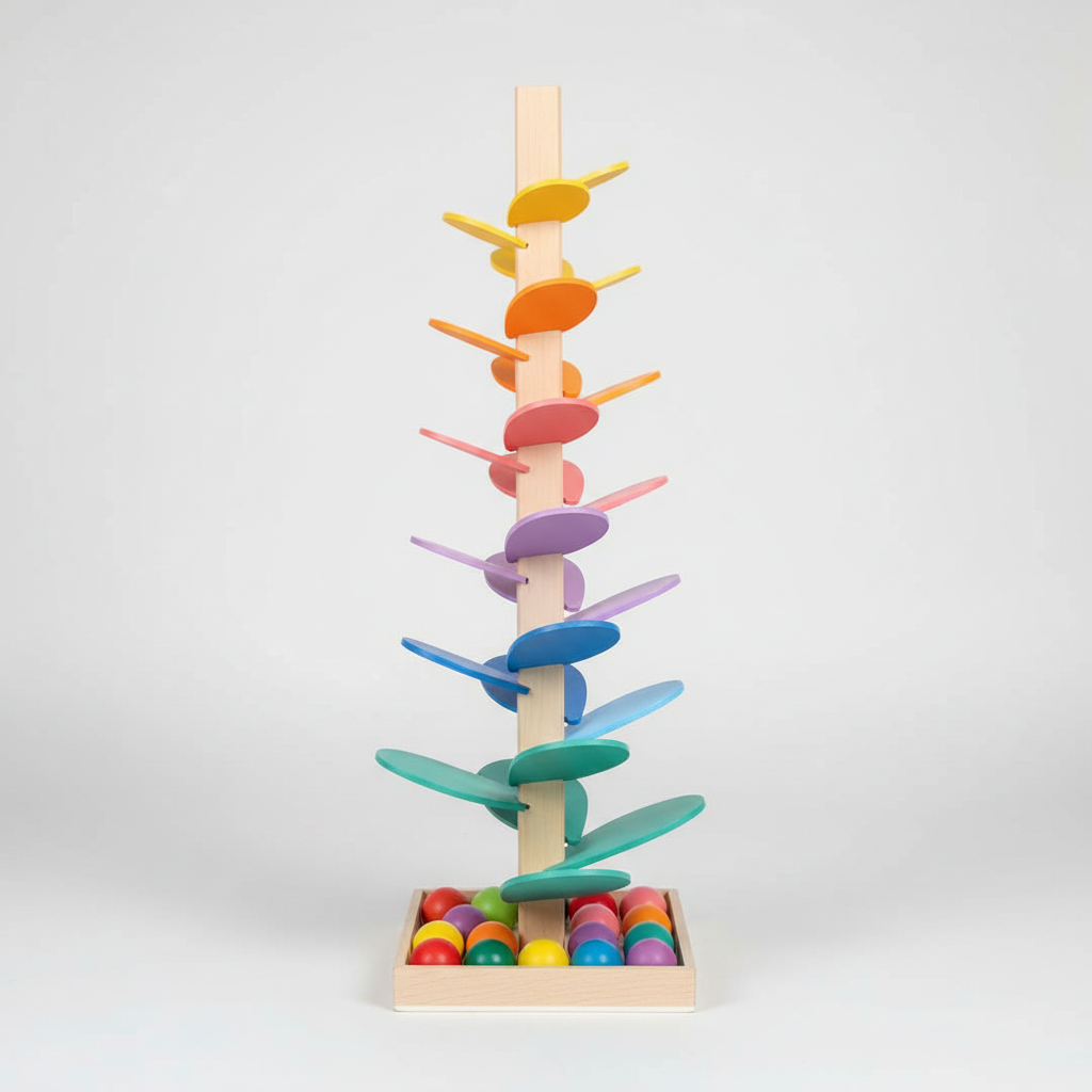 Natural wood sound tree marble run for toddlers, promoting motor skills & sensory play.