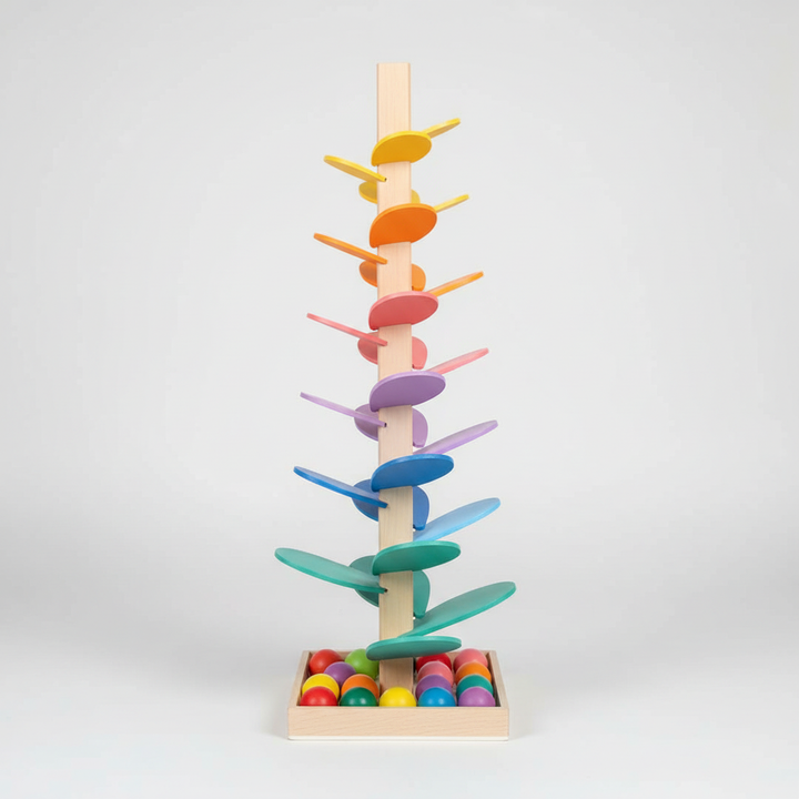 Natural wood sound tree marble run for toddlers, promoting motor skills & sensory play.