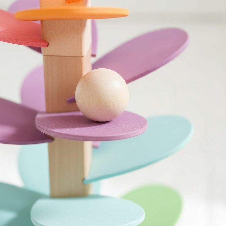 Educational wooden sound tree toy with cascading marbles for kids' early learning.
