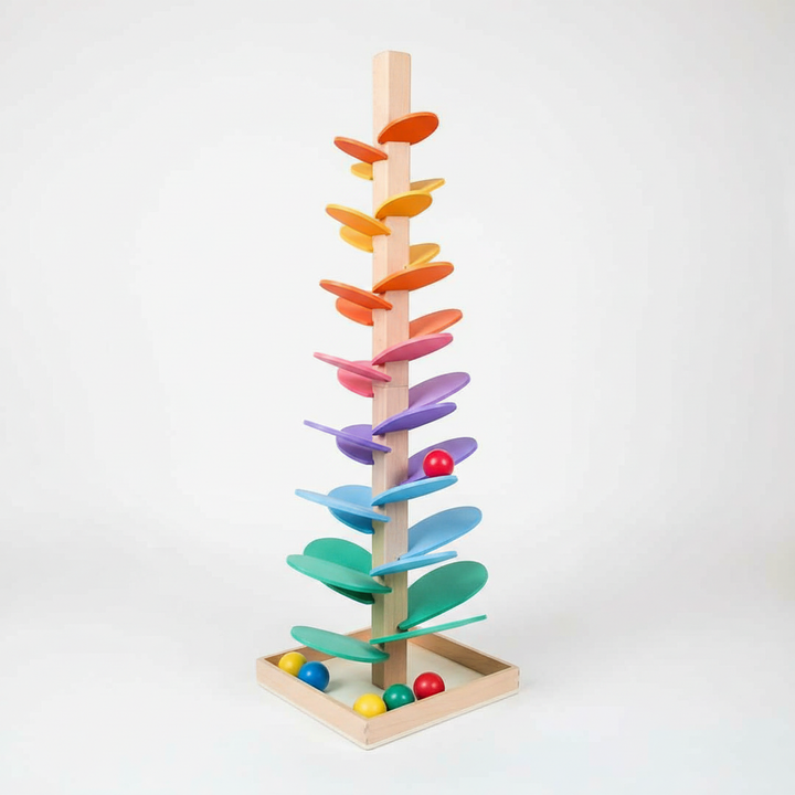 Sensory wooden sound tree marble run, engaging toddler toy with natural wood and vibrant leaves.