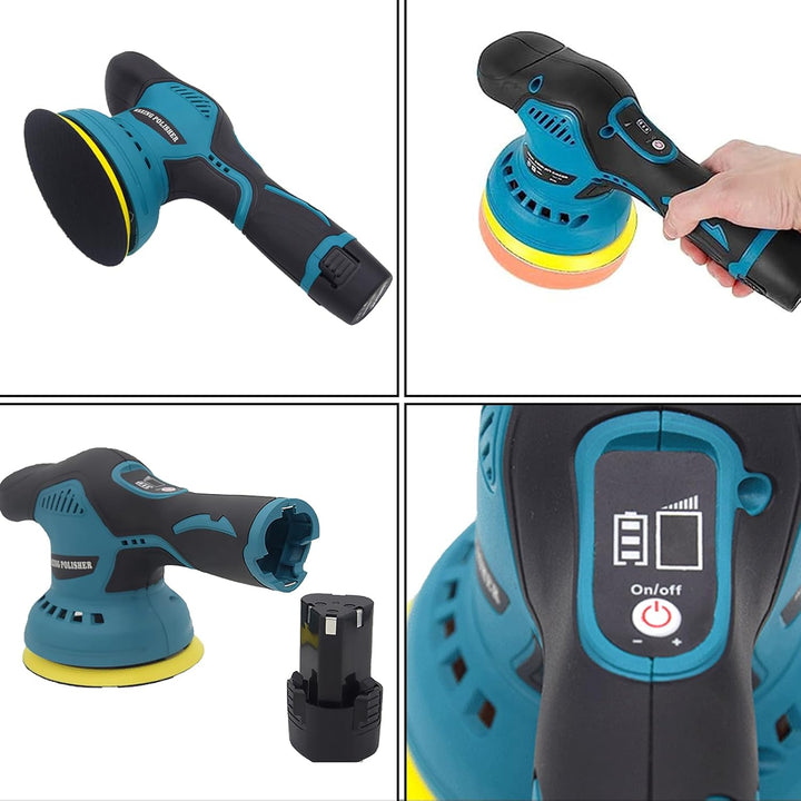 Torvex buffer kit: cordless car polisher, two batteries, and various pads for waxing & buffing