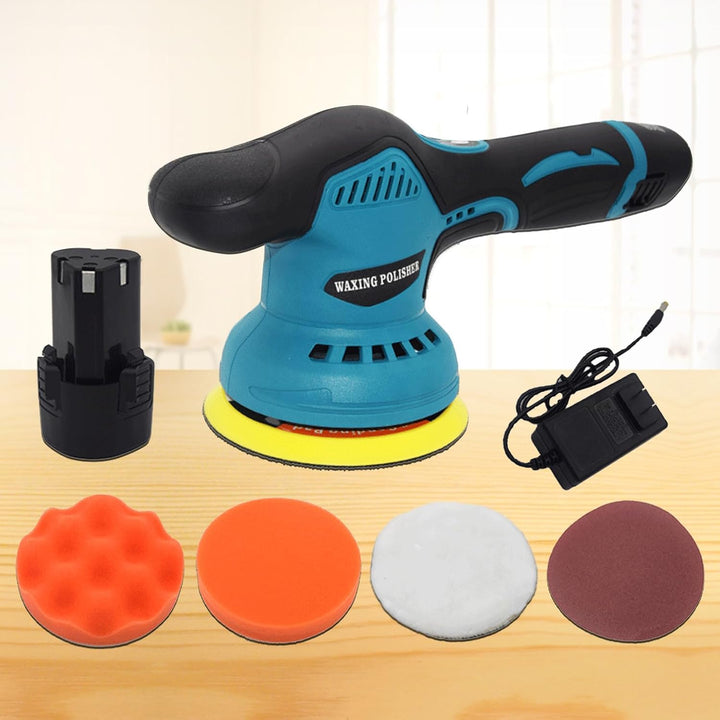 Close-up of Torvex cordless car polisher, showing its dual battery slots