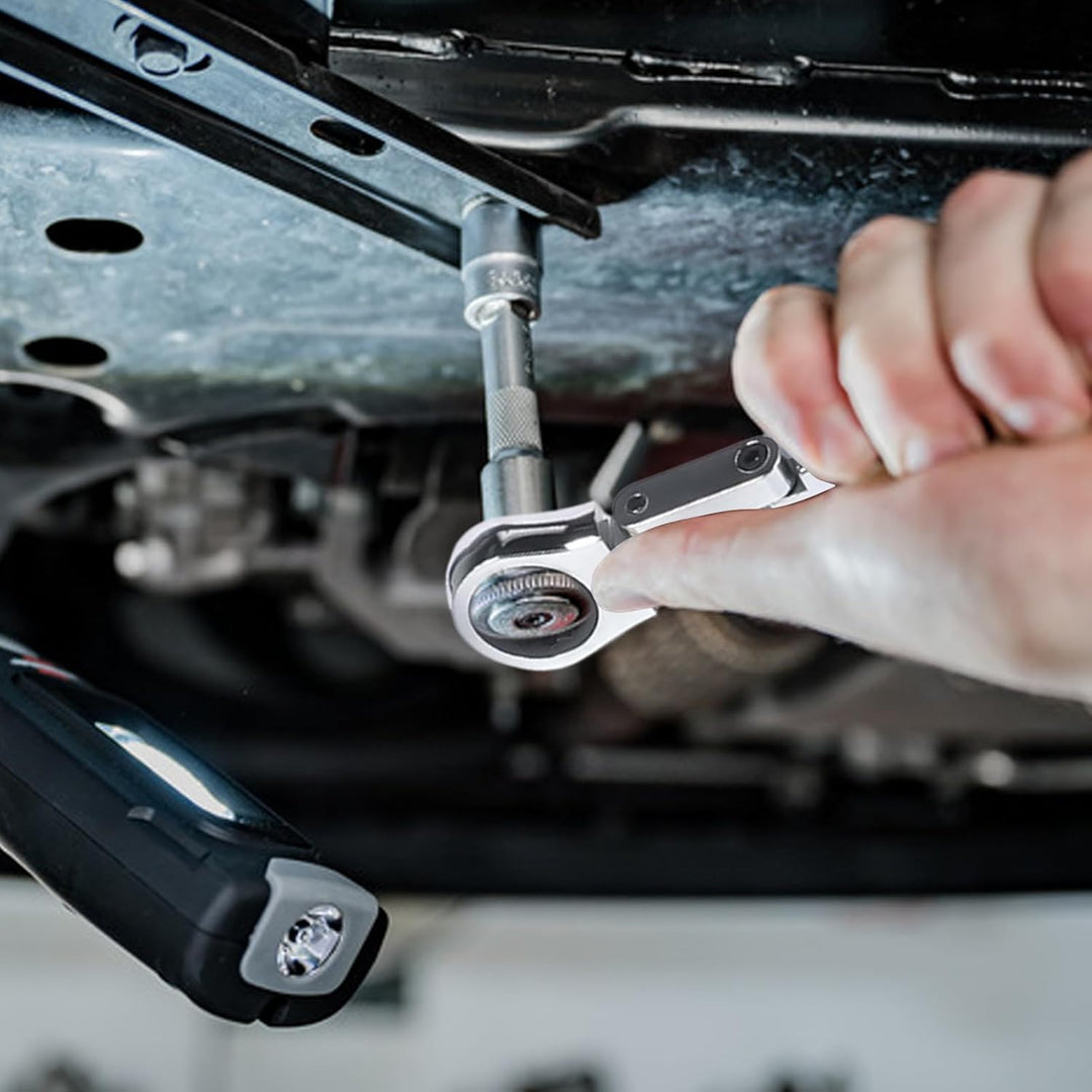 Adjustable portable ratcheting wrench with flexible head, a must-have hand tool for tight spaces.