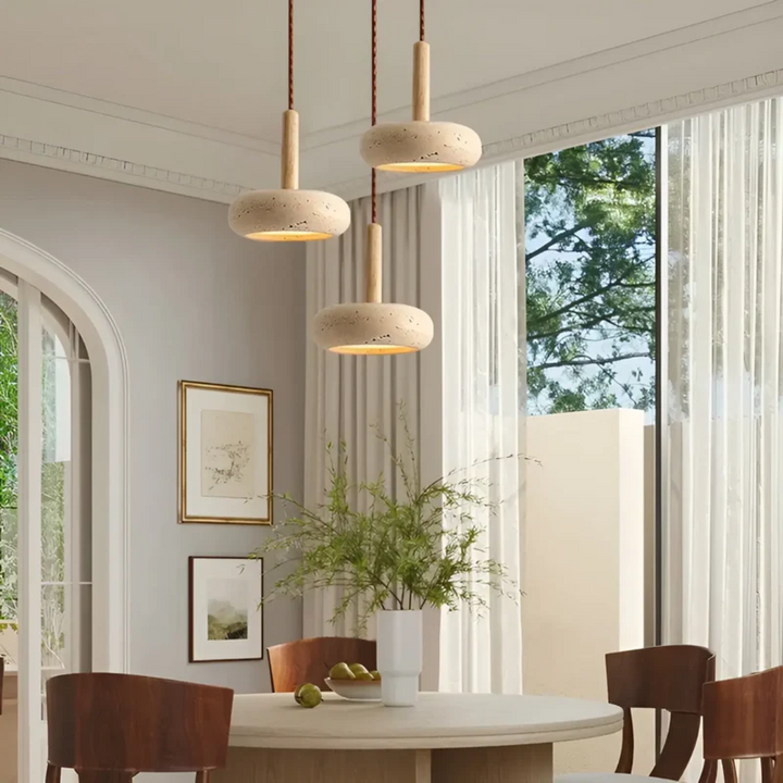 Elegant LED Japanese style wood pendant light. Sustainable ceiling lamp with tranquil glow for modern home decor.