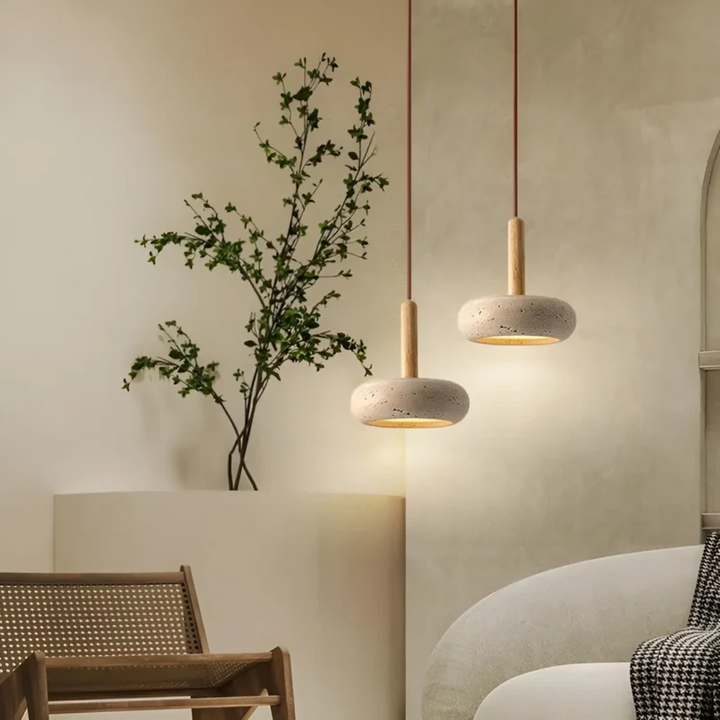 Sustainable LED Japanese style wood pendant light. Tranquil ceiling lamp for modern home decor & ambient lighting.