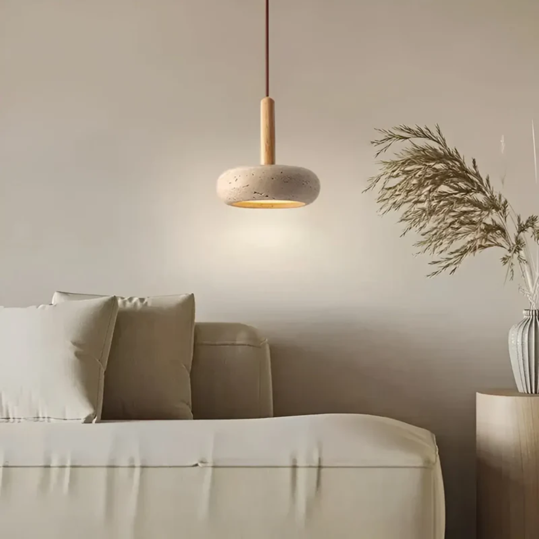 TranquilHalo LED Japanese style ceiling pendant lamp in a contemporary living space. Modern home decor lighting.