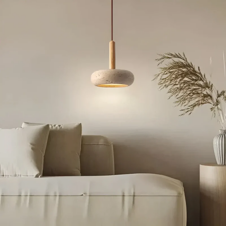 TranquilHalo LED Japanese style ceiling pendant lamp in a contemporary living space. Modern home decor lighting.