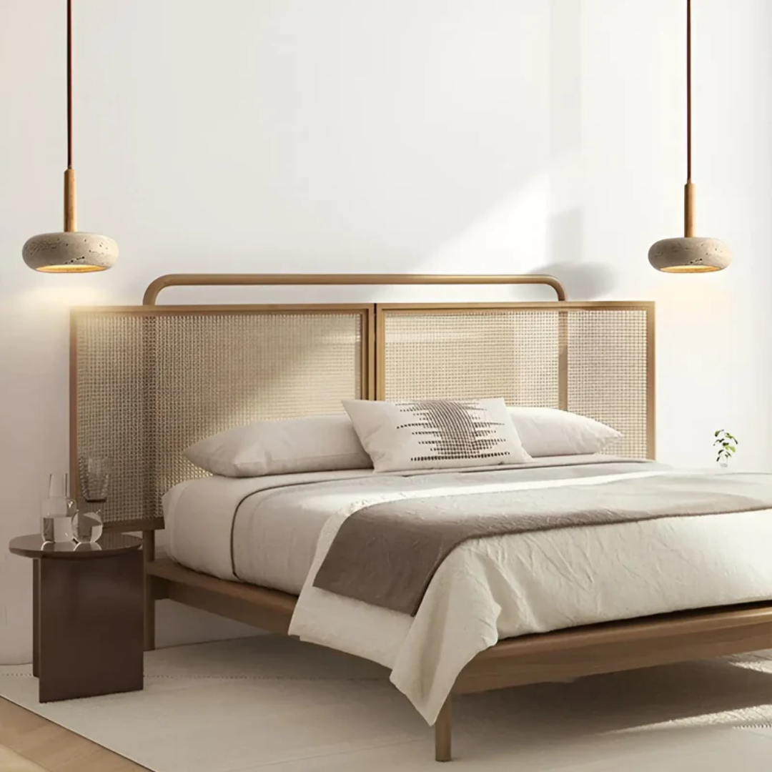 Detailed view of TranquilHalo LED Japanese style wood pendant lamp. Unique design, modern ambient ceiling light.