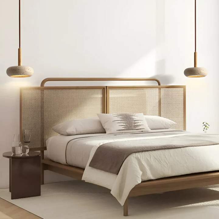 Detailed view of TranquilHalo LED Japanese style wood pendant lamp. Unique design, modern ambient ceiling light.