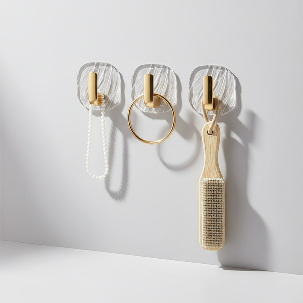 Clear acrylic no-drill hook, ideal for bathroom accessories and kitchen storage without wall damage.