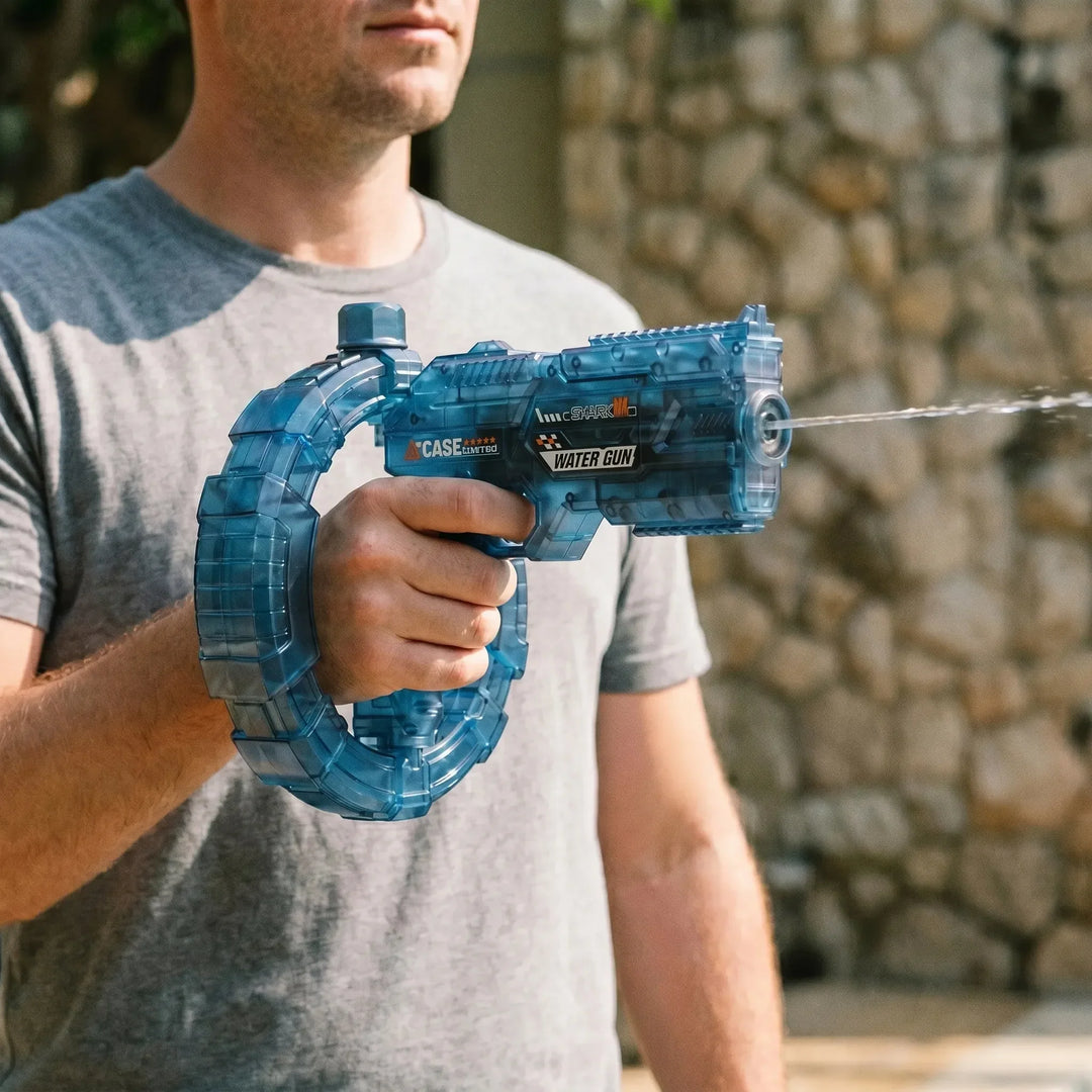 Transparent electric water shooter blaster with light-up features for summer outdoor fun & active play.