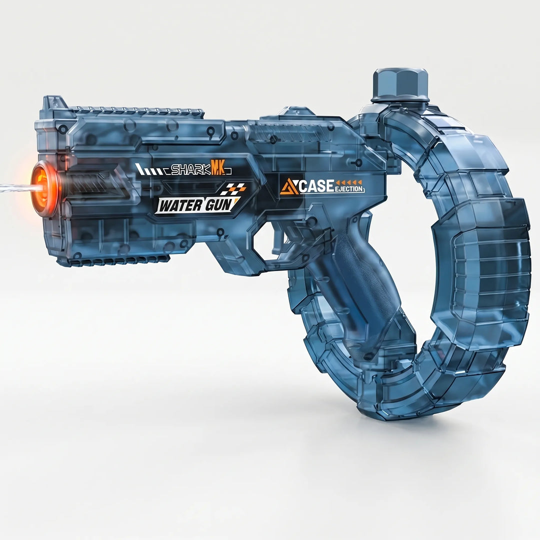 Rechargeable electric water shooter for kids, featuring clear design, fast stream, ideal for active summer fun.