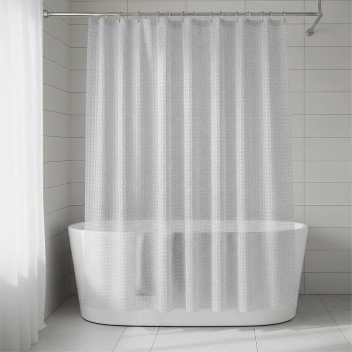 Transparent EVA shower curtain with 3D cube pattern, modern bathroom decor